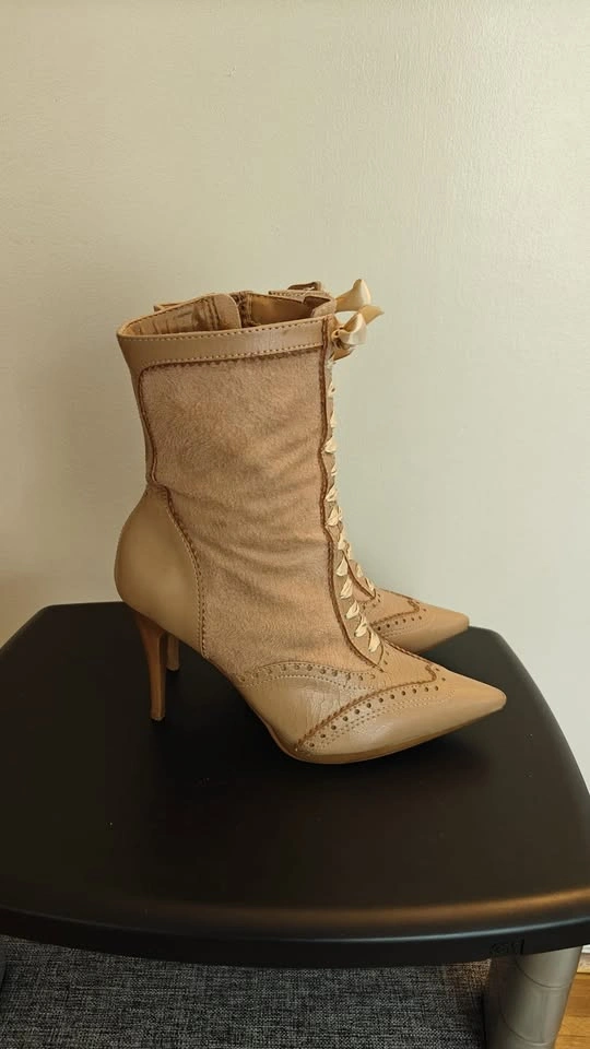 Tan Ribbon Lace-Up Stiletto Women Boots 5.5 - photo 3