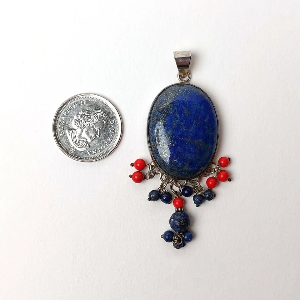 Sterling Silver Lapis Coral Pendant Large Statement Piece - photo 2