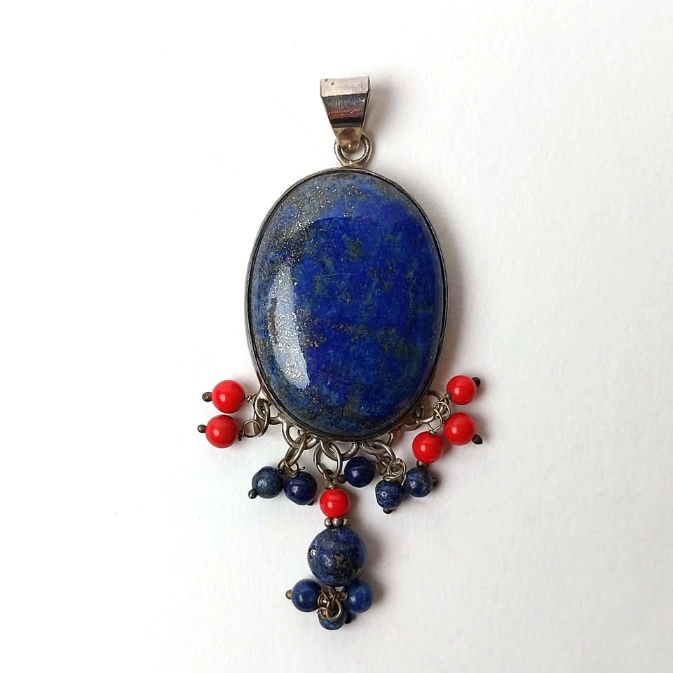 Sterling Silver Lapis Coral Pendant Large Statement Piece - photo 3