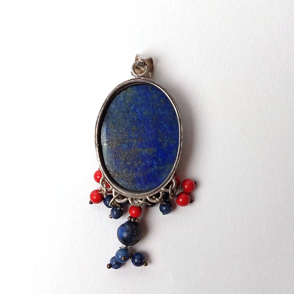 Sterling Silver Lapis Coral Pendant Large Statement Piece - photo 4