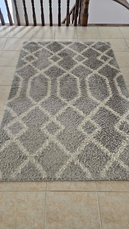 Grey and White Geometric Shag Area Rug