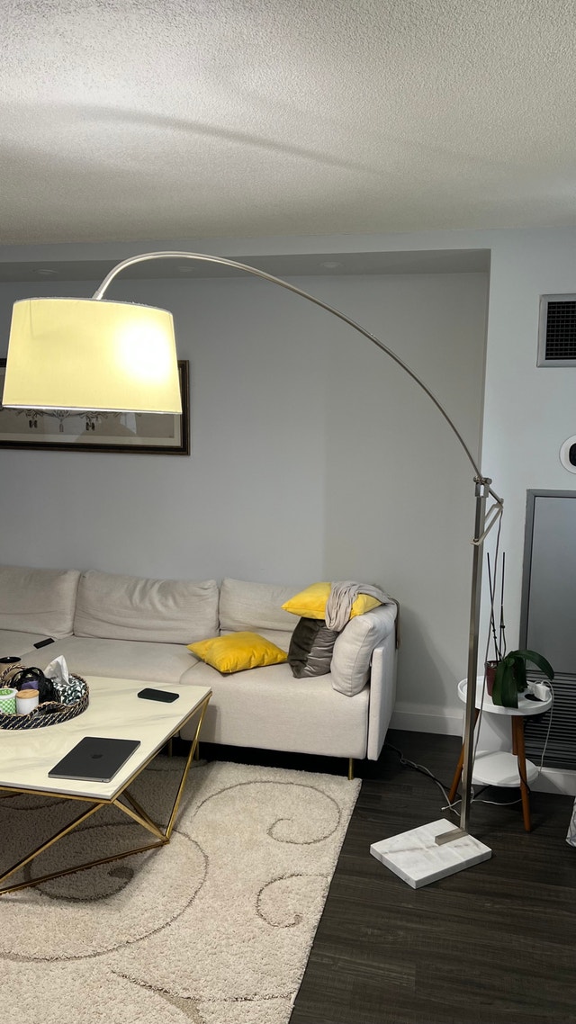 Arc Floor Lamp with Marble Base White Drum Shade - photo 2
