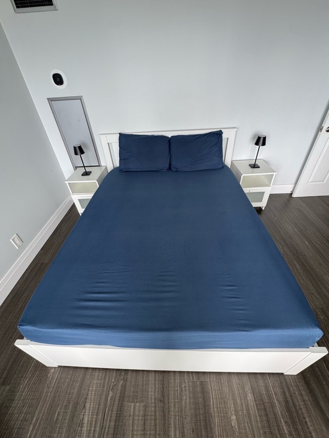 IKEA Bed Frame, Mattress, Side Tables & Lamps