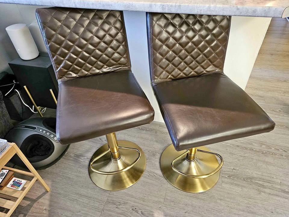 Set of 2 Adjustable Swivel Bar Stools – Brown & Gold