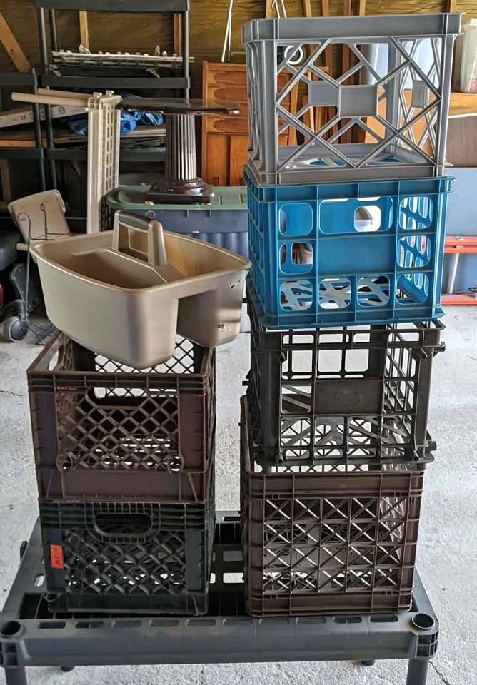 LOT OF 7 MILK CRATES ITEM HOLDER
