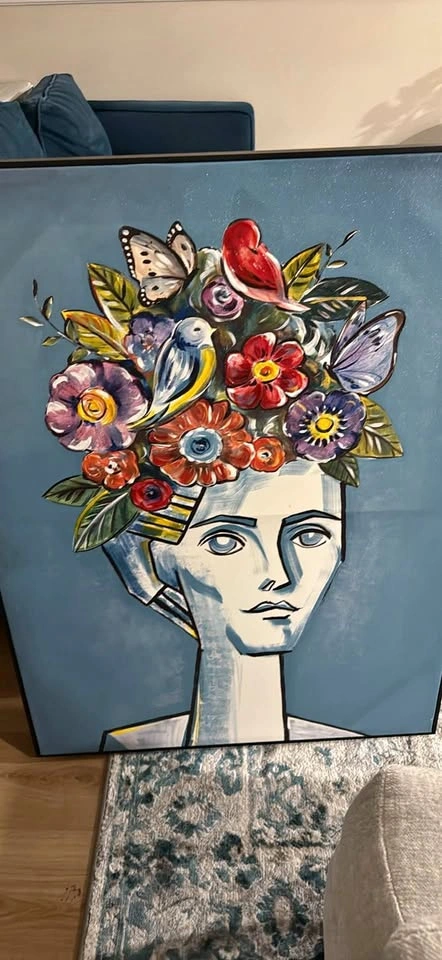 Framed Canvas Portrait Painting with Flowers and Birds