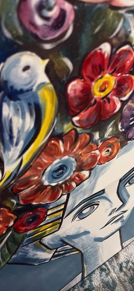 Framed Canvas Portrait Painting with Flowers and Birds - photo 2