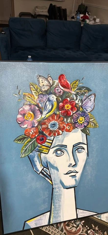 Framed Canvas Portrait Painting with Flowers and Birds - photo 3