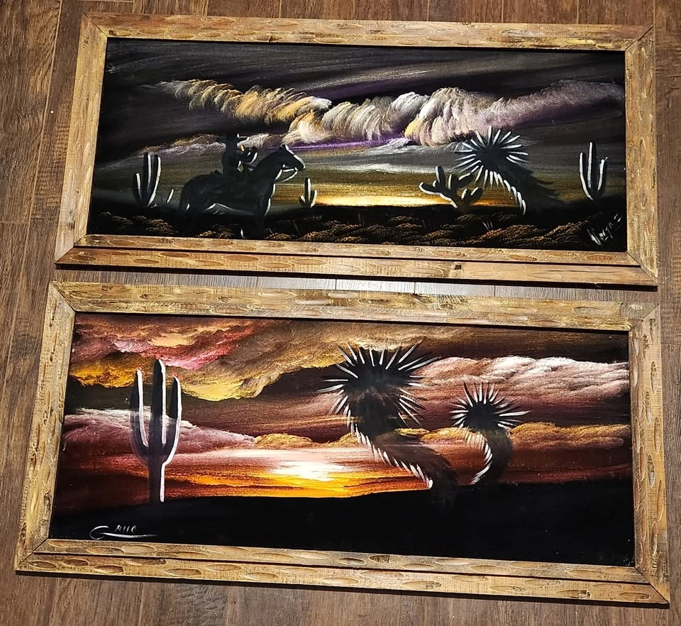 Vintage Signed Western Theme Velvet Paintings, Large
