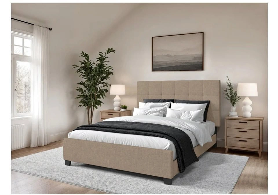 Warm Stone Tufted Double Fabric Bed