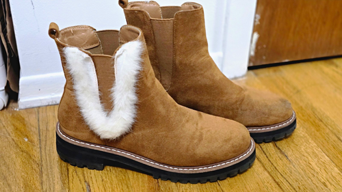 Women’s Brown Suede Chelsea Ankle Boots Fur Trim Size 8.5