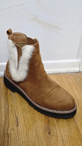 Women’s Brown Suede Chelsea Ankle Boots Fur Trim Size 8.5 - photo 2