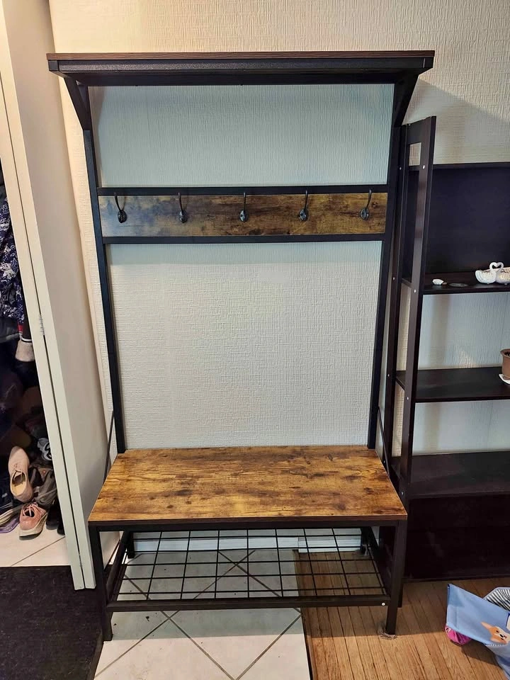 Industrial Hall Tree with Bench and Shoe Rack