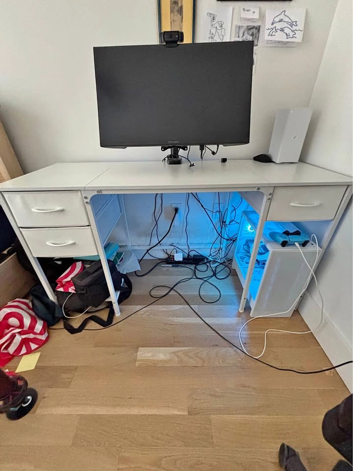 White Computer Desk with 4 Fabric Drawers