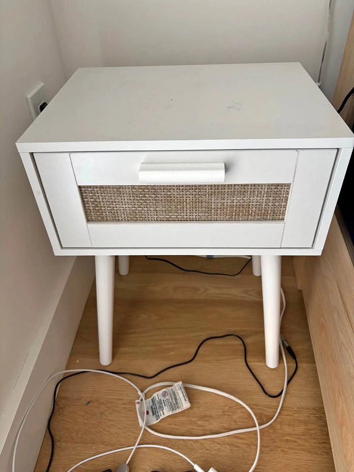 White Mid-Century Modern Nightstand with Rattan Drawer