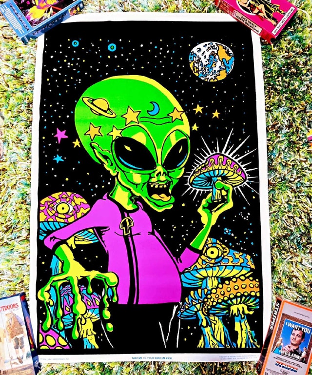 Vintage 1998 Take Me To Your Shrooms Black Lig Poster