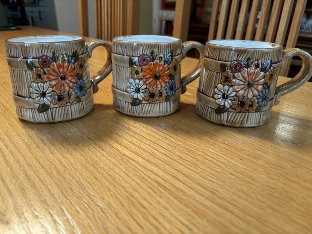 Set of 3 Atlantic Mold Ceramic Flowered Mugs Vintage