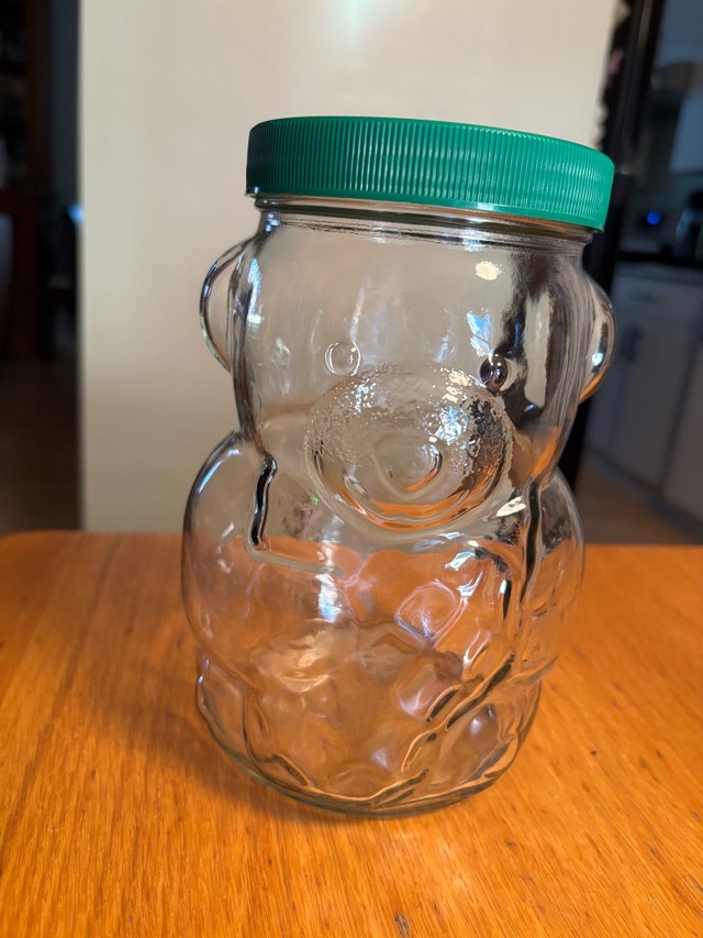 Kraft Peanut Butter Glass Jar Bank Papa Bear w/ Large Peanut