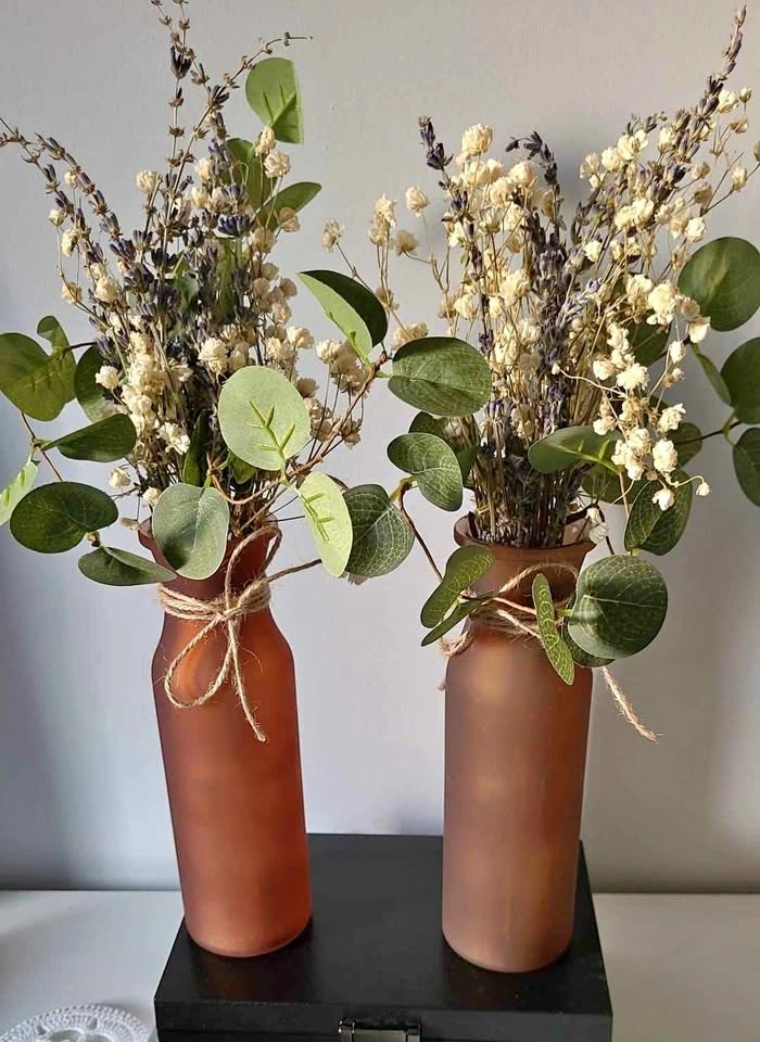 Milk Vase with eucalyptus, baby's breath, and lavender