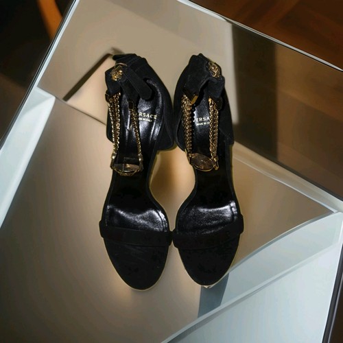 Versace Gold Medusa Head Chunky Ankle Chain Black Suede Heels 41