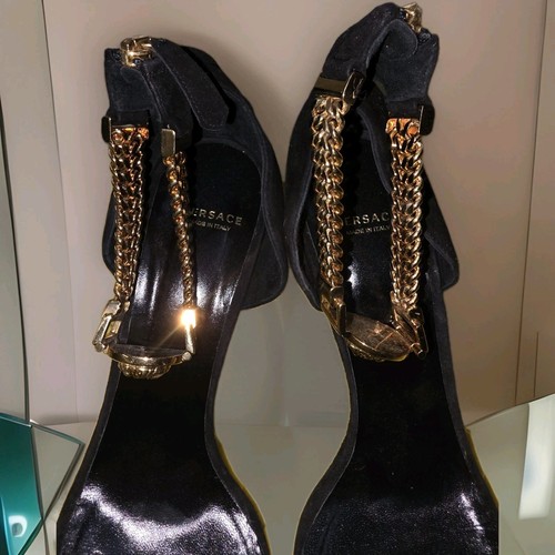 Versace Gold Medusa Head Chunky Ankle Chain Black Suede Heels 41 - photo 2