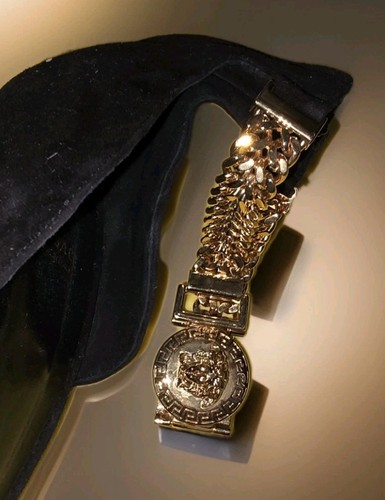 Versace Gold Medusa Head Chunky Ankle Chain Black Suede Heels 41 - photo 4