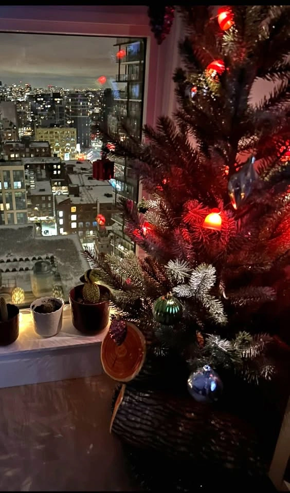 Christmas Tree with Ornaments and String Lights