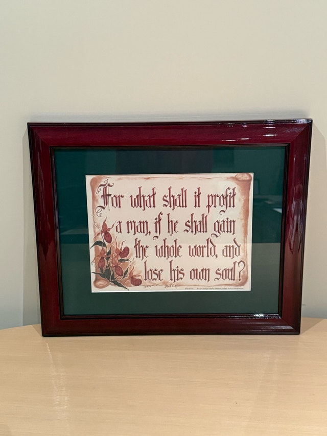 Framed Mark 8:36 Calligraphy Artwork