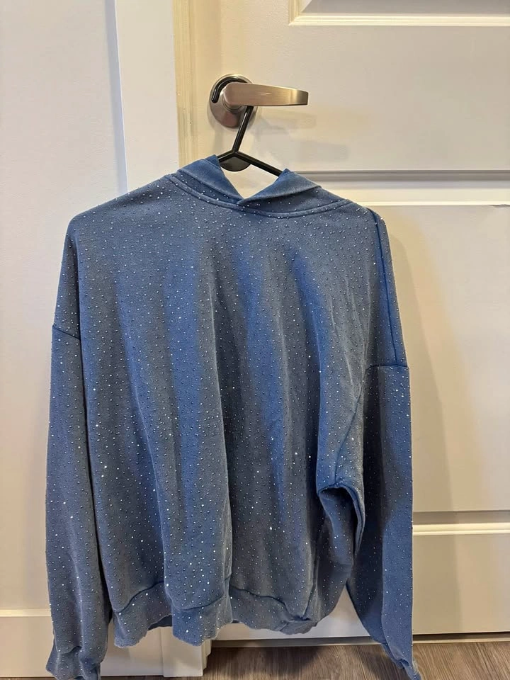 romwe Blue Rhinestone Hoodie