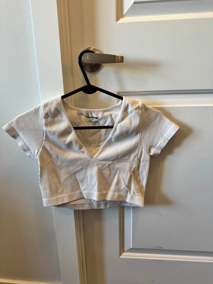 womens white cropped short sleeve garage v neck top