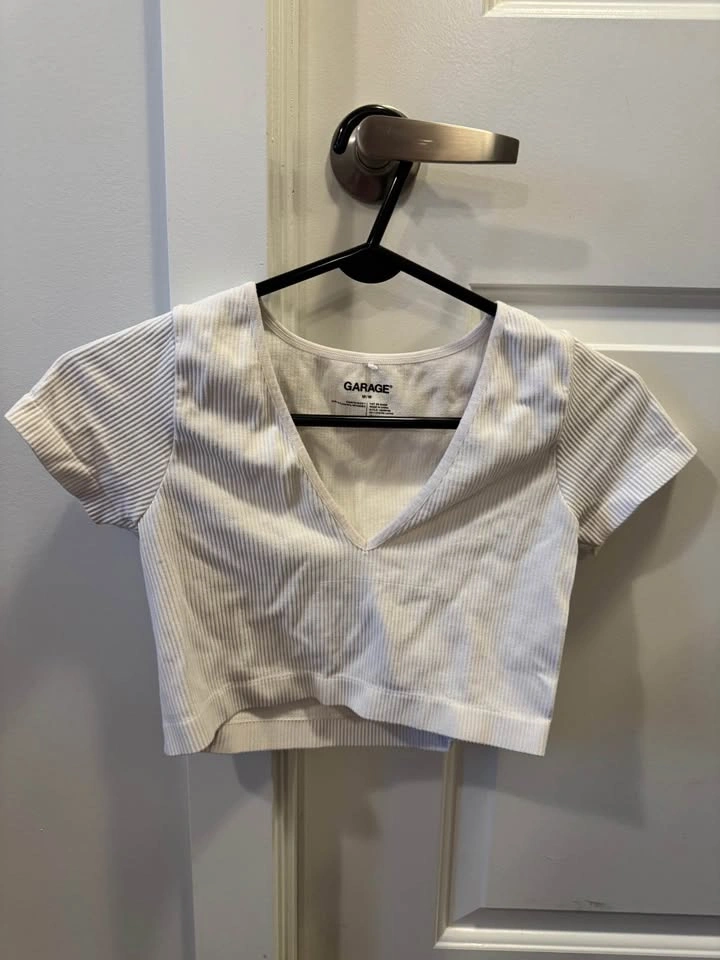 womens white cropped short sleeve garage v neck top - photo 4