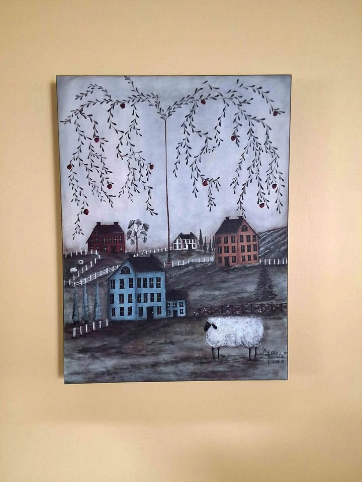 Primitive Folk Art Canvas (Signed P. Fischer) – Sheep & Village