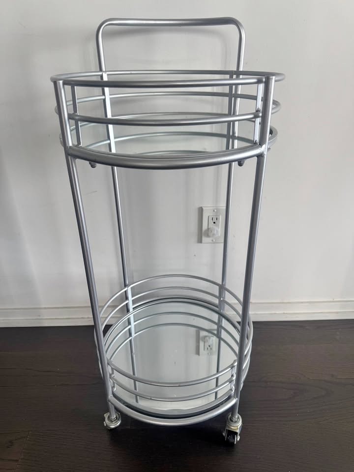 Round Bar Cart – Silver with Glass Shelves (Excellent Condition)