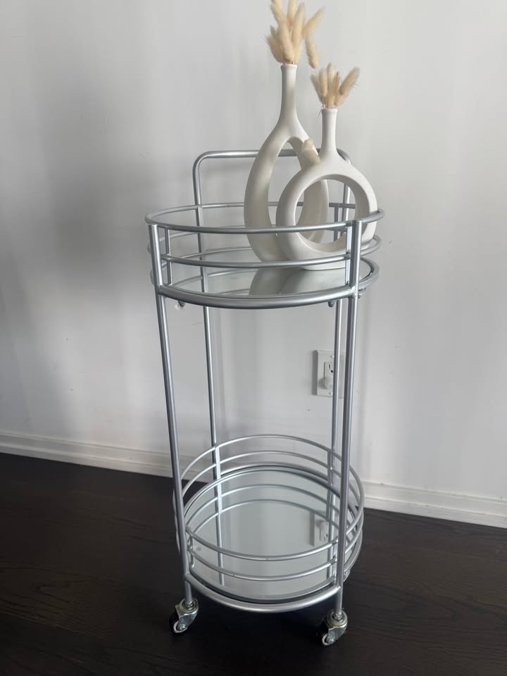 Round Bar Cart – Silver with Glass Shelves (Excellent Condition) - photo 4