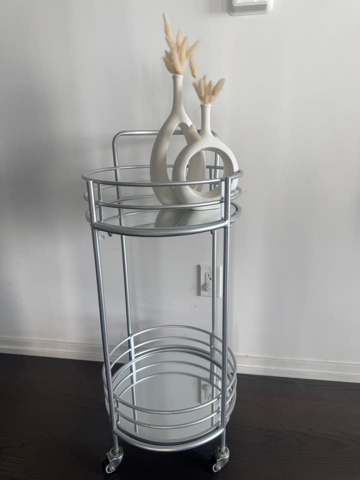 Round Bar Cart – Silver with Glass Shelves (Excellent Condition) - photo 5