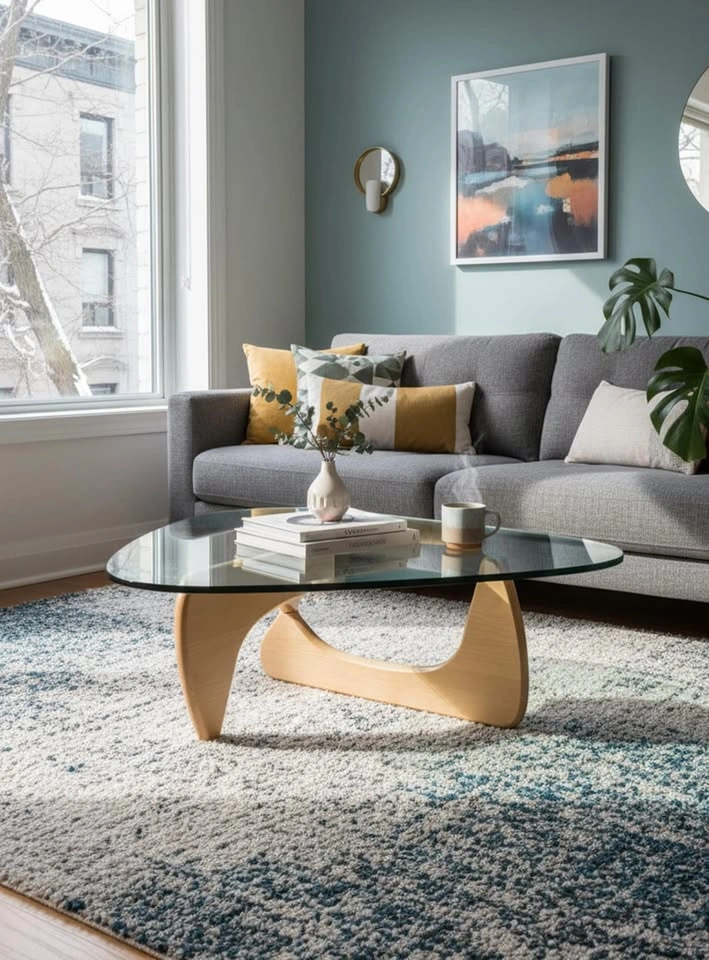 Noguchi Style Triangular Designer Glass Coffee Table