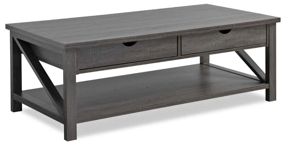 Rustic Gray Oak Coffee Table with 2 Drawers & Open Shelf