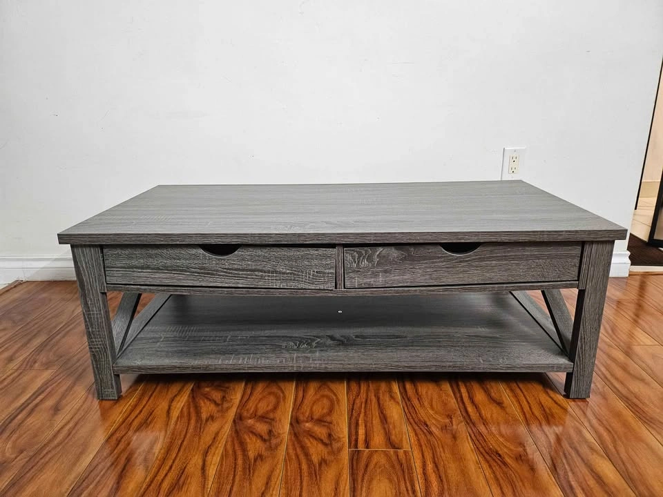 Rustic Gray Oak Coffee Table with 2 Drawers & Open Shelf - photo 4