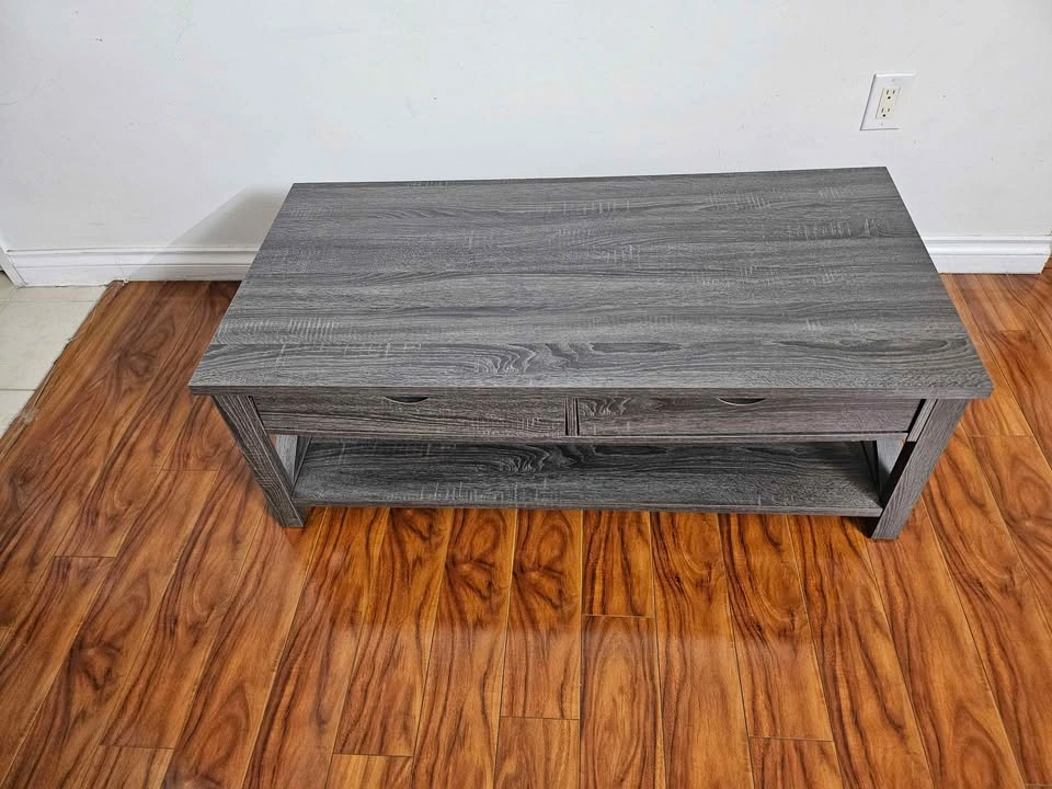 Rustic Gray Oak Coffee Table with 2 Drawers & Open Shelf - photo 5