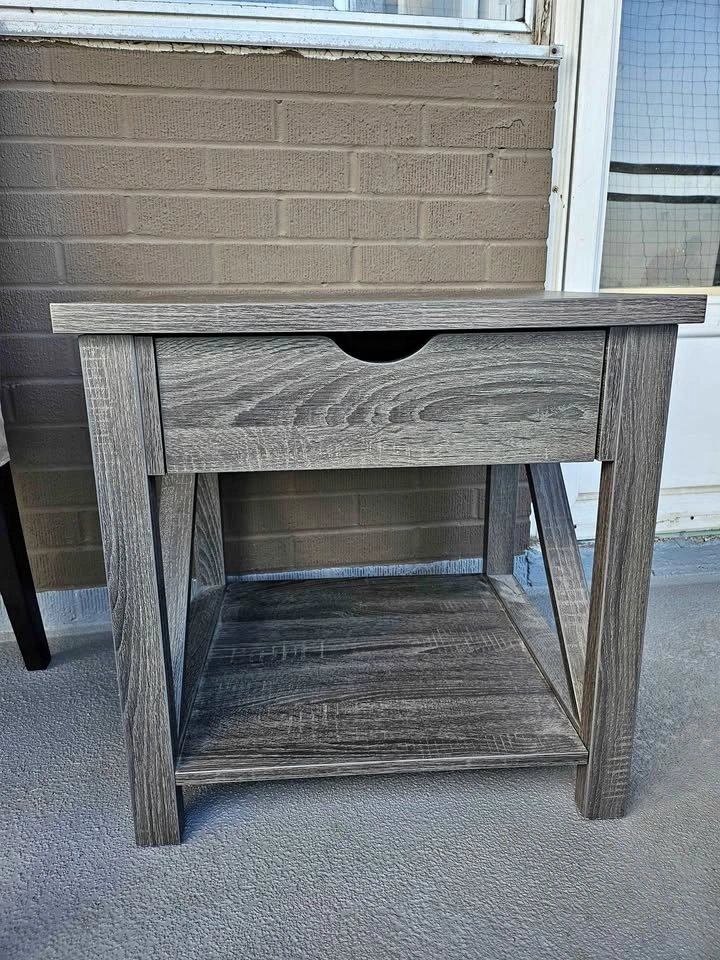 Rustic Gray Oak End Table / Nightstand with Drawer & Shelf