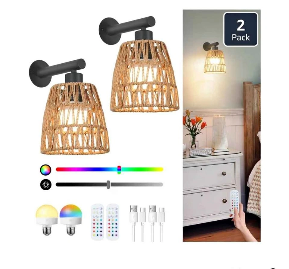 Rattan Wall Sconces (Set of 2 with Remote)