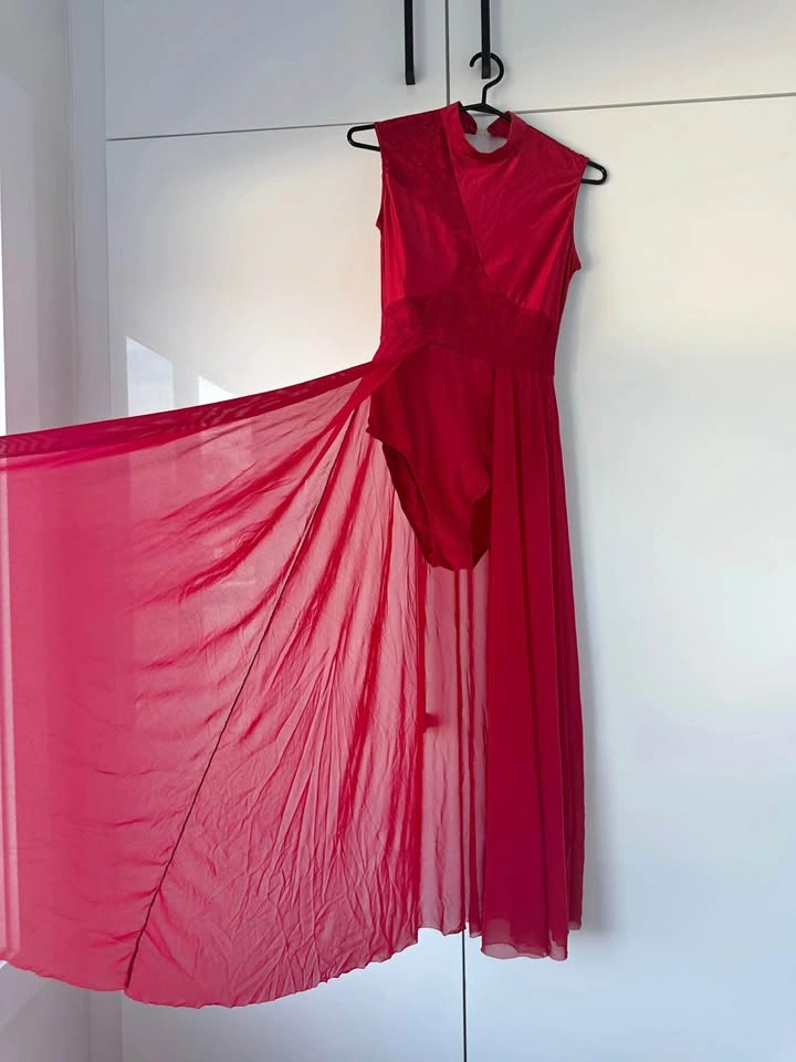 Red/burgundy Lyrical Dance Costume Leotard with Mesh Skirt