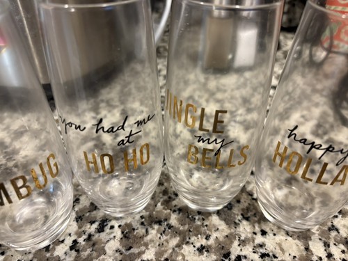 Set of 4 Stemless Champagne Flutes Different Holiday Sayings