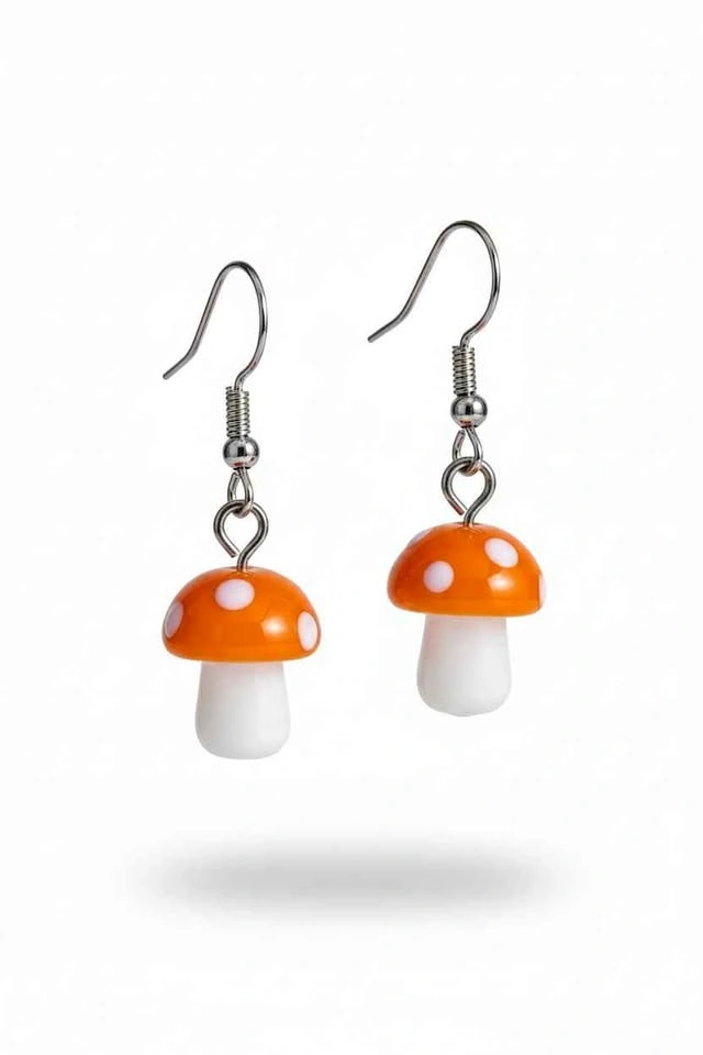Handcrafted Mushroom Earrings Orange Cap White Stem Toadstool Da