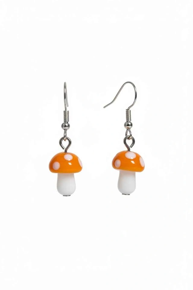 Handcrafted Mushroom Earrings Orange Cap White Stem Toadstool Da - photo 2
