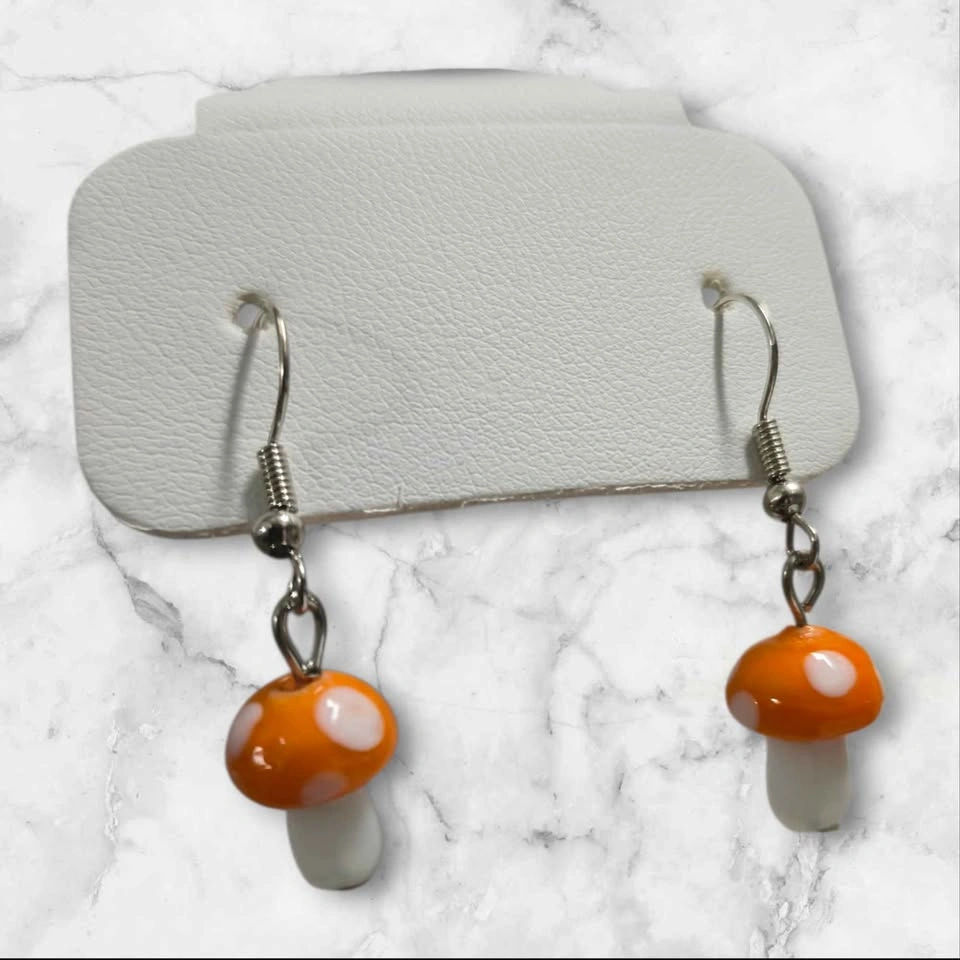 Handcrafted Mushroom Earrings Orange Cap White Stem Toadstool Da - photo 3