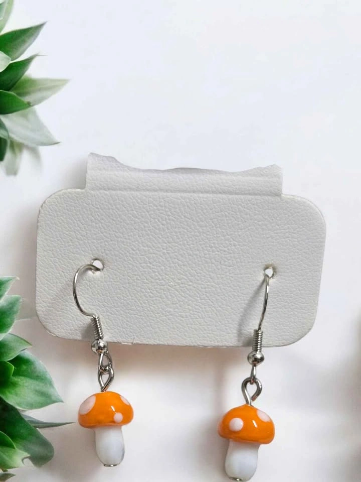 Handcrafted Mushroom Earrings Orange Cap White Stem Toadstool Da - photo 4