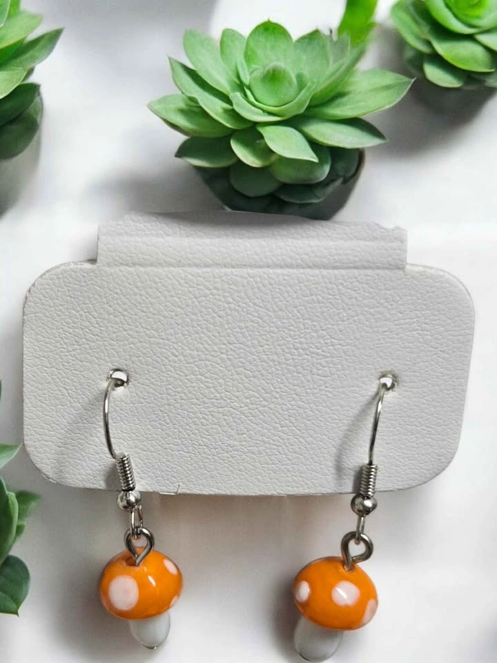 Handcrafted Mushroom Earrings Orange Cap White Stem Toadstool Da - photo 5