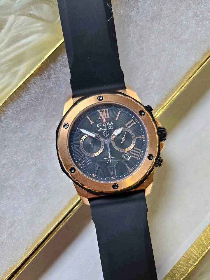 Bulova Men's Chronograph Watch – Black Dial, Rose Gold Bezel