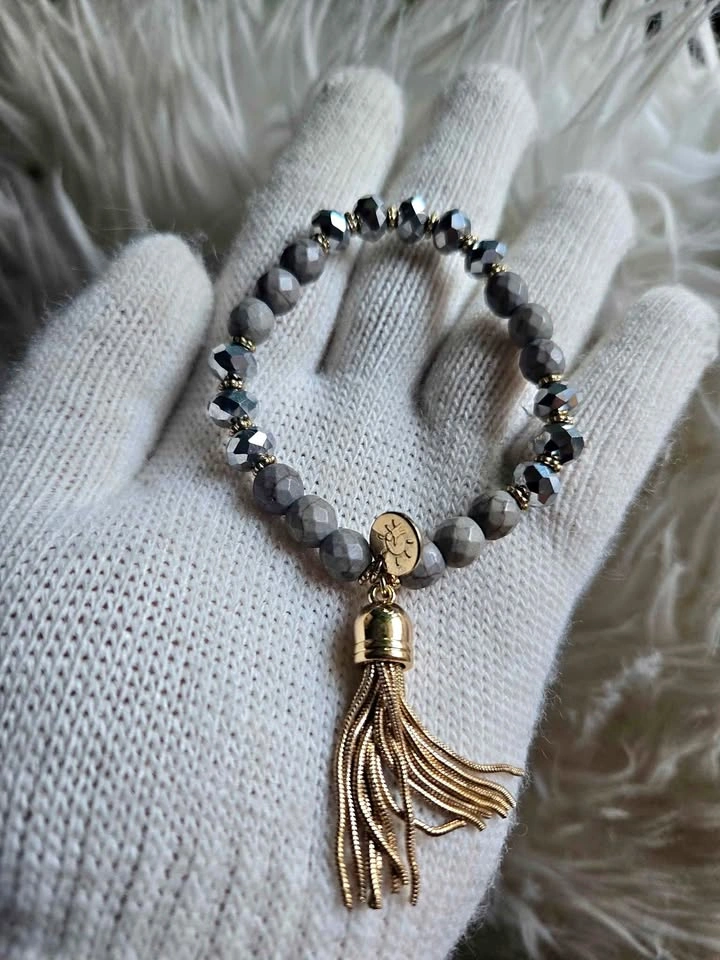 Handmade Gray Beaded Bracelet with Gold Tassel Charm
